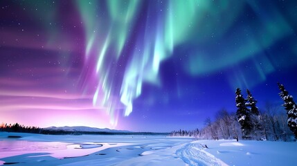 The Northern Lights dancing over a snow-covered landscape.