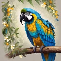 Wall Mural - ai generated illustration of a vibrant blue and yellow macaw perched on a branch