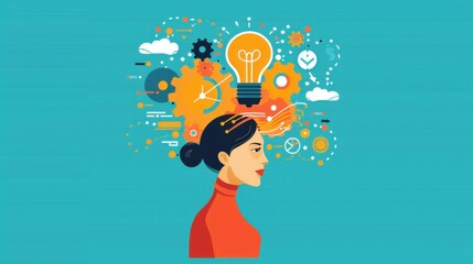 Poster - Critical innovation, person with gears and light bulb, flat design illustration