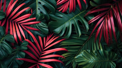 Wall Mural - Tropical and palm red and green leaves. Minimalistic summer abstract pattern in the jungle or forest.