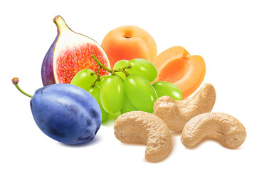 Wall Mural - Cashew nuts, plum, fig, apricots and green grapes isolated on white background. Fruit and nut mix