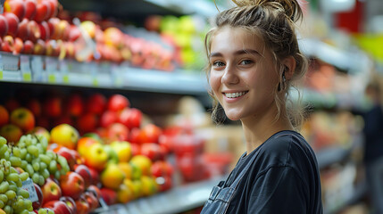 A female employee is working in the supermarket. There are fruits and vegetables lined up all around.