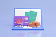 © Khomkrid - A vibrant 3D render showcasing the integration of digital shopping and payments with floating elements including a laptop, banknotes, coin stack, shopping cart, and credit card