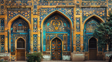 Uzbek designs decorate glazed tiles that adorn mosque walls, creating a vibrant and timeless backdrop.