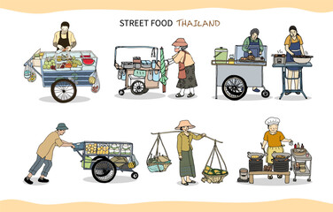 Street food in Thailand set. Hand drawn style vector illustration.