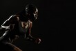 © LayerAce.com - Black woman sprinter taking a star over black background with plenty of empty copy space Generative Ai