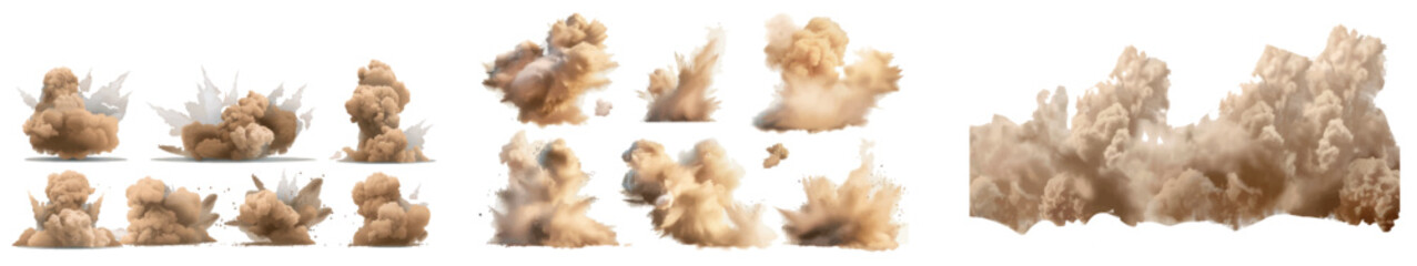 Wall Mural - The air is filled with sand dust cloud. Dirt desert smoke effect. Sandstorm powder splash. Isolated brown flying particles. 3D realistic smog explosion. Abstract grain spray splatter with glitter.