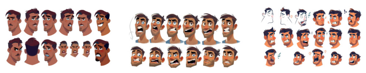 Poster - This is a cartoon illustration set of facial parts for creating male avatars with different emotions, noses, eyes, brows and hairstyles..