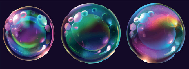 Poster - Set of realistic soap bubbles isolated on white background. Iridescent ball of water with a glossy rainbow color surface, laundry foam, symbol of childhood fun and freedom.
