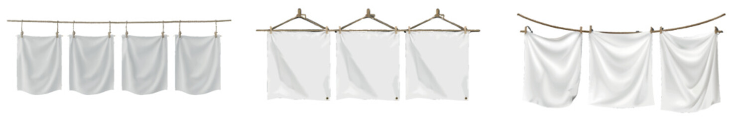 Poster - A realistic white fabric horizontal banner sign modern is hung on a rope for advertising. An empty textile poster mockup set is isolated on a transparent background. A hanging cloth board sign is
