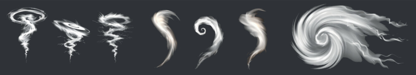 Poster - Swirling snow or wind swirls isolated on transparent background. Image of white spiral, wave, curve vortex effect. A symbol of fresh air, blizzards, magic power speed, tornadoes.