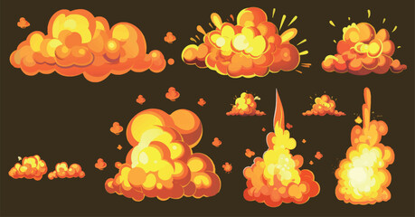 Wall Mural - Flame animation and smoke cloud effect, comic blast, bomb explosion and magic explosion with yellow fire splashes and smoke, modern cartoon illustration.