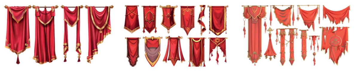 Poster - This is a blank vertical medieval flag mockup game design with a red hanging pennon on transparent background. The pennant features a golden border, a rough or tattered edge, and a variety of shapes.