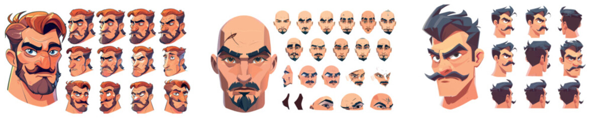 Poster - Face constructor for a cartoon caucasian male character. Includes hairstyles, noses, eyes, eyebrows and lips. Isolated face elements for construction.