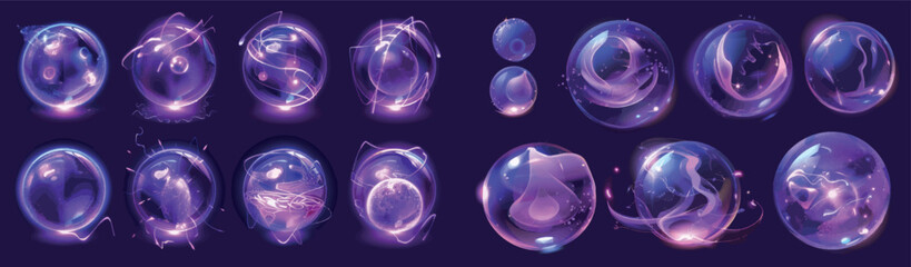 Poster - 3D modern realistic futuristic set of purple energy shield with neon glow effect. Glass transparent bubble with defense barrier field for protect and insurance concept..
