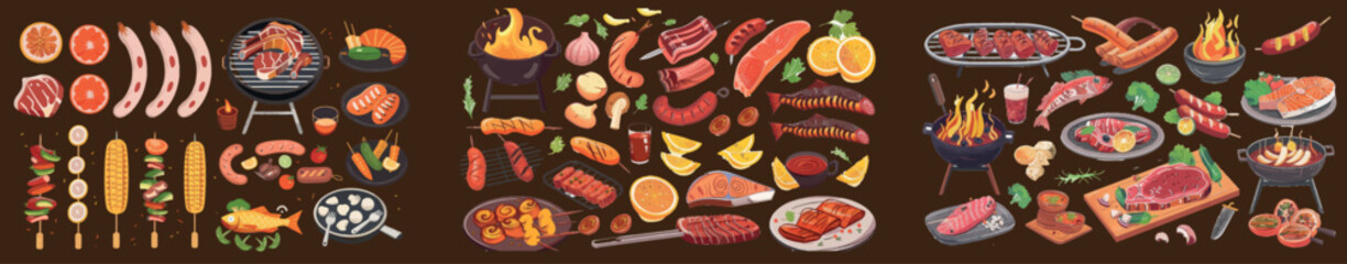 Sticker - Barbeque picnic meal collection of meat and fish for outdoor grill cooking - steaks, sausages, vegetables and sauces, food on skewers, and firewood..