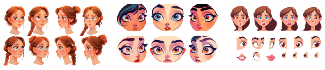 Wall Mural - Creating a female avatar with different hair styles, lips, noses, eyes, and eyebrows. Cartoon illustration. Cute female head maker.