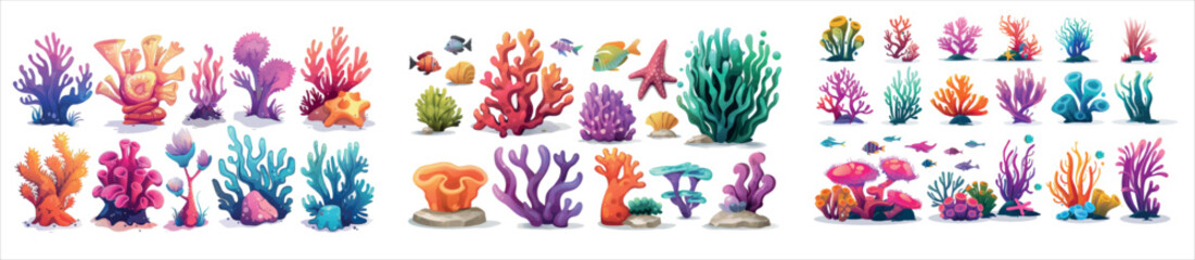 Sticker - Tropical sea life illustration set with brightly colored seaweed and algae, corals and reefs, and fish. Cartoon illustrations of aquarium or ocean life.