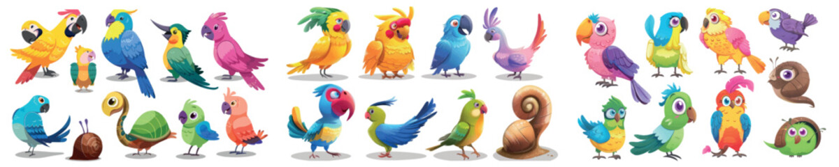 Poster - Tropical animals and pets with colorful beaks, wings, and tales of parrots. Cartoon modern set of colorful and friendly exotic birds.