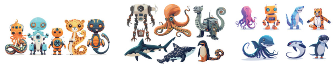 Wall Mural - A modern set of robotic animals, such as an octopus, shark, leopard, snake and penguin, with mechanical electronic characters and cartoon robotic characters isolated on white.