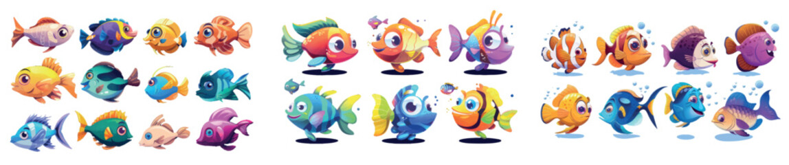 Sticker - Illustration of tropical colorful aquarium fish and underwater creatures with big, beautiful eyes for computer games, goldfish, wild anglers, puffers, cartoon illustration of sea fish