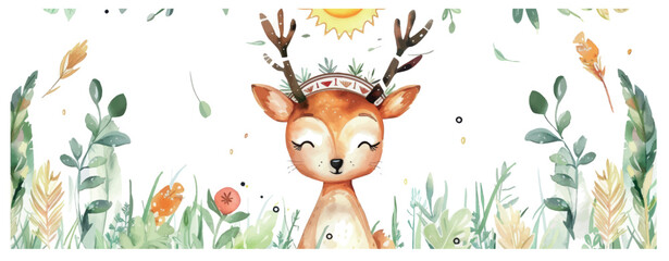 Wall Mural - Tribal Woodland Animal Watercolor Illustration Banner Background.