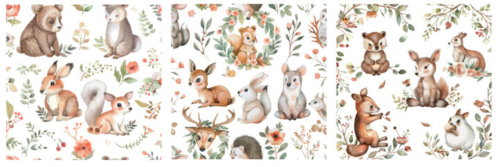 Wall Mural - A watercolor seamless pattern with woodland animals including a bear, fox, and bunny