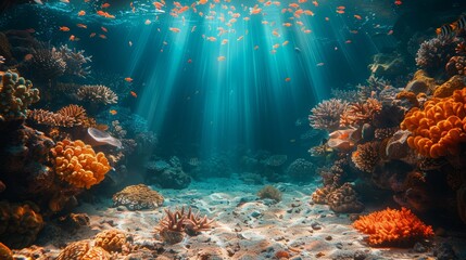 Wall Mural - The ocean floor, sunlight shining through water, corals. The underwater world.