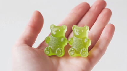 A hand holding two green gummy bears