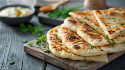 A close-up shot of several pieces of freshly cooked flatbread placed on a wooden board, garnished with fresh herbs in a cozy kitchen setting.