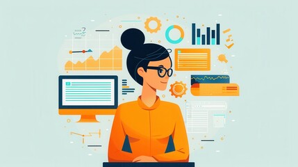 Poster - Decision-making analysis, person analyzing pros and cons on a whiteboard, flat design illustration