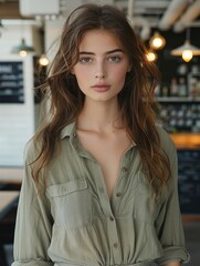 Wall Mural - A young female model wearing a stylish olive green linen shirt against the backdrop of a modern urban cafe with minimalist decor. Generative AI.