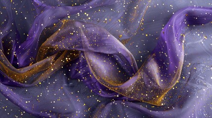 Wall Mural - Royal purple transparent fabric with golden glitter, elegantly suspended against a slate grey background, adding a touch of royalty and luxury.