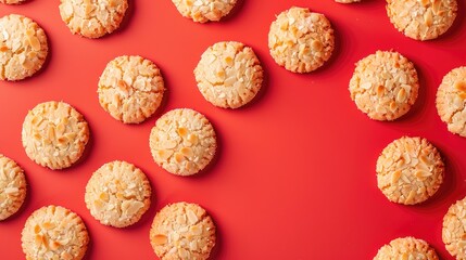 Sticker - Colorful almond coconut cookies on red backdrop Popular confection delicious to go snack