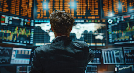 Aufkleber - Business man with stock market big screen. Generative AI.