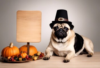 wooden background thanksgiving with funny blank pug dog olated turkey sign day wearing hat white pilgrim