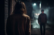 © Firn - Man walking towards woman in dark street at night. Concept for crime, stalking and sexual assault