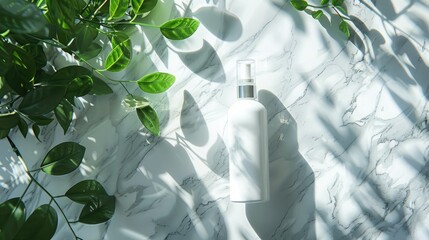 Poster - Body cream bottle marble table green leaves