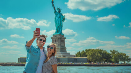 happy couple taking a selfie in new york with the statue of liberty in background during honeymoon v