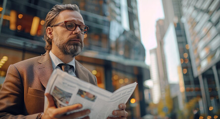 Aufkleber - Entrepreneur reading newspaper outside office in city. Generative AI.
