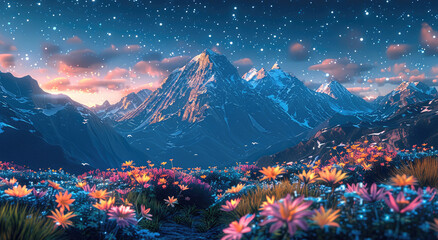 Poster - Plants in the foreground with mountains in the mid-ground and night sky with stars in the background, bright colors. Generative AI.