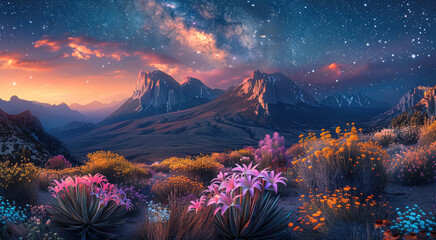 Poster - Plants in the foreground with mountains in the mid-ground and night sky with stars in the background, bright colors. Generative AI.
