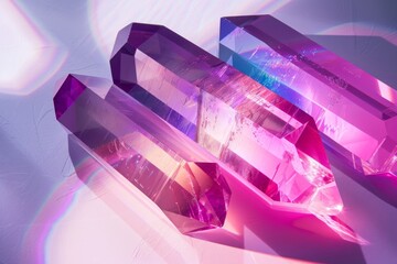 Poster - A crystal prism refracts sunlight, casting a vibrant spectrum of colors, with purple and pink hues dominating the scene