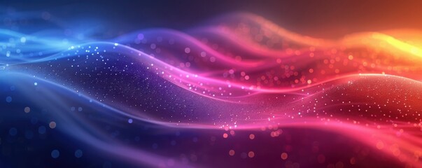 Poster - Vibrant abstract waves with a gradient of red, pink, and blue colors, depicting dynamic flow and energy on a dark background.