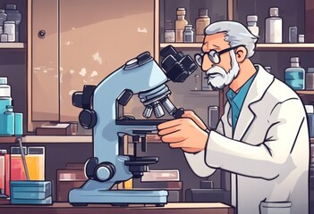 Wall Mural - looking microscope cartoon laboratory illustration scientist vertical medicals research science men at work chemistry medicine