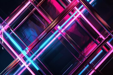 Poster - A close-up of neon pink and blue geometric shapes, arranged in a symmetrical pattern, intersect against a black background