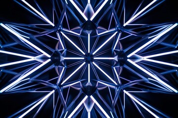 Poster - A closeup photograph of neon geometric shapes arranged in a symmetrical pattern against a black background
