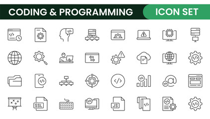 programming coding set of web icons in line style. software development icons for web and mobile app