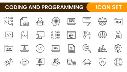 Programming coding set of web icons in line style. Software development icons for web and mobile app. Code, api, programmer, developer, information technology, coder and more.