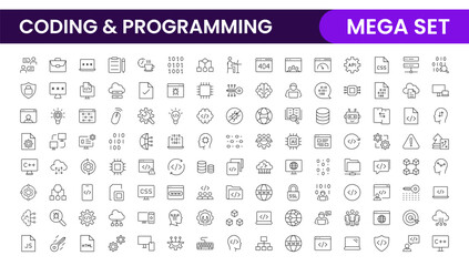 Programming coding set of web icons in line style. Software development icons for web and mobile app. Code, api, programmer, developer, information technology, coder and more.